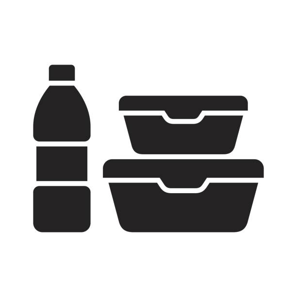 Lunch box icon. Lunch box with food and bottle of water. Meal prep. Healthy eating. Vector icon isolated on white background. silhouette of lunch free stock illustrations