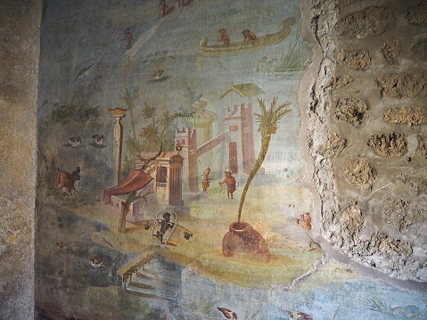 detail of ancient roman fresco in Casa della Fontana Piccola, Pompeii, Italy