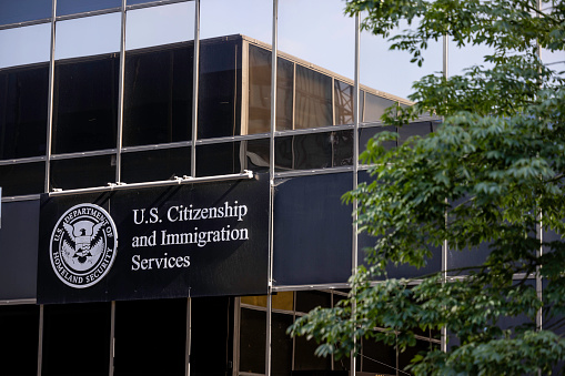 San Diego California, USA - May  17, 2022:  United States Citizenship and Immigration Services field office in downtown San Diego California. The USCIS  is the federal agency that oversees lawful immigration to the United States.