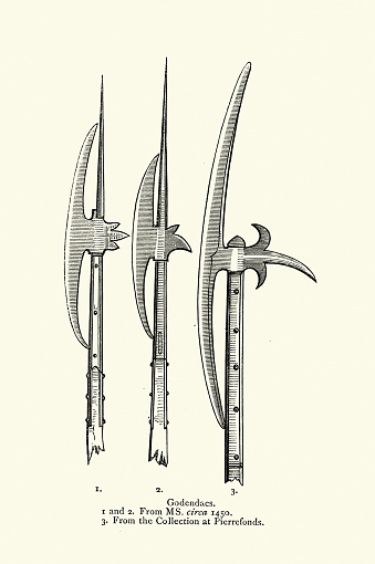 Vintage illustration Medieval weapons, Goedendag or godendac, godendard, godendart, polearm