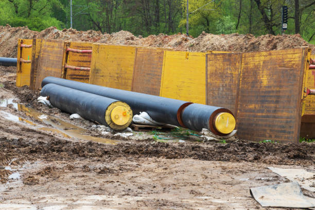 istock Gas pipeline under construction. Black pipes buried in the ground. 1415241507