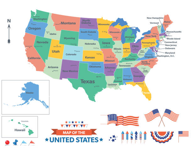 Colorido Mapa De Estados Unidos Con Los Nombres Y Capitales Vectores Libres  de Derechos - iStock
