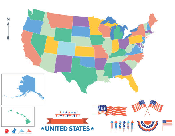 ilustraciones, imágenes clip art, dibujos animados e iconos de stock de colorido mapa de los estados unidos con nombres de estados y capitales - mapa de los estados unidos y la bandera estadounidense