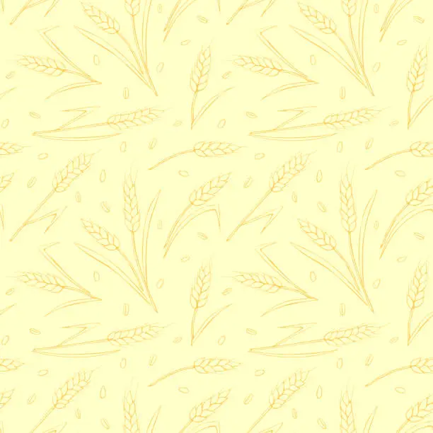 Vector illustration of Wheat golden spikelets and grains, vector yellow seamless pattern in flat style, isolated. Design of print, wrapping paper, packaging on theme of bakery products, flour, harvest, thanksgiving