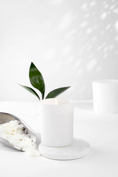 istock Soy wax candle in a white ceramic jar, and green leaf, plant on a white background. natural eco friendly organic wax candles. Trendy concept. minimalist. isometric projection. copy space. 1415242550