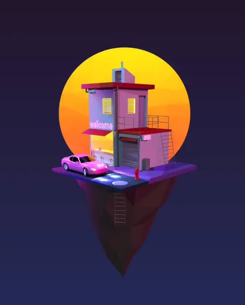 Vector illustration of Flying Island with a Street, a Diner with a Parked Car, Sunset