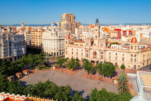 Aerial view of Plaza del Ayuntamiento in Valencia historic old town district Spain stock photo
