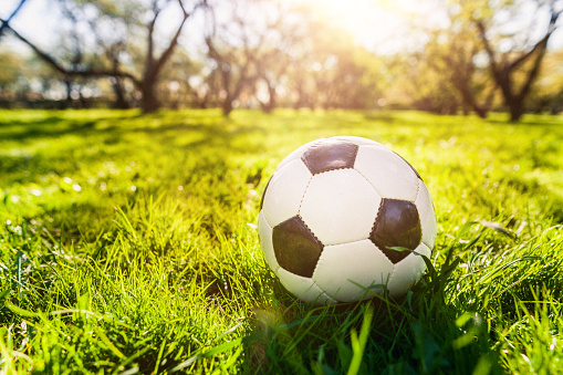 Soccer ball in park at sunset