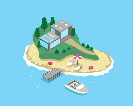 Island with villa, beach, pier and yacht. Isometric vector illustration.