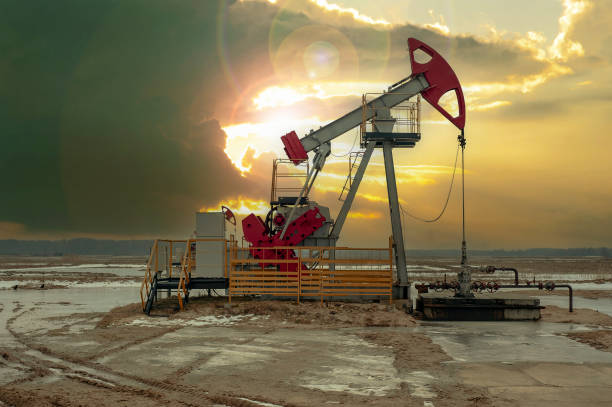 Crude oil pump jack at oilfield on sunset backround. Fossil crude output and fuels oil production. Oil drill rig and drilling derrick. Global crude oil Prices, energy, petroleum demand. gato de la bomba de petróleo crudo en el campo petrolífero en la parte trasera del atardecer. producción de crudo fósil y producción de petróleo combustible. plataforma de perforación petrolera y perforadora. precios mundiales del petróleo crudo, e