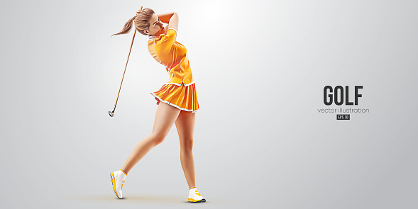 Realistic silhouette of a golf player on white background. Golfer woman hits the ball. Vector illustration