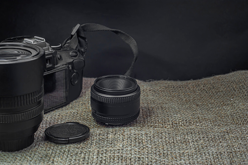 Professional Photography Equipment. Professional Photographer Work Kit. Photo Lenses