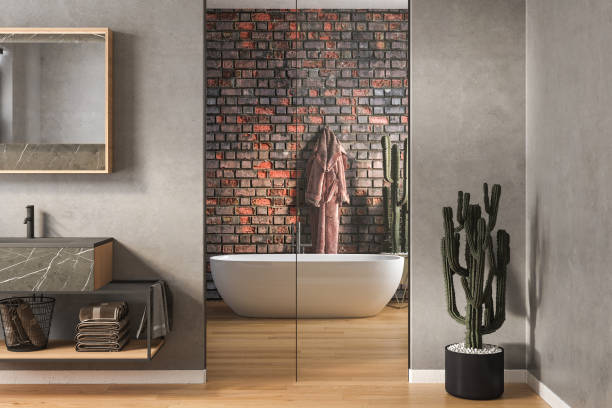 istock Modern Loft Bathroom interior design, bathtub, parquet floor, 1415247655