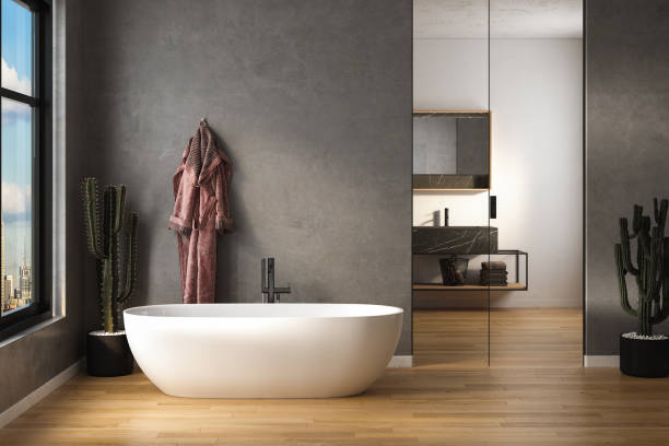 White bathtub in modern moft bathroom interior design stock photo