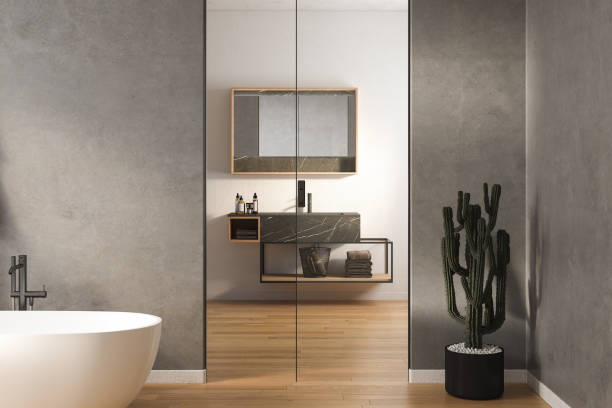 istock Modern Loft Bathroom interior design, bathtub, parquet floor, 1415248685