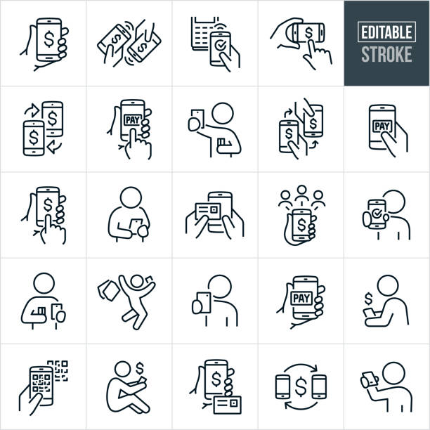 Mobile Payment Thin Line Icons - Editable Stroke A set of icons showing people using mobile devices to make payments. The icons include editable strokes or outlines using the EPS vector file. The icons include a hand holding a smartphone with a dollar sign on the screen, mobile to mobile payment, using smartphone to pay at register, hand pushing pay button on smartphone, payment between mobile phones, hand holding credit card to pay while holding a mobile phone in the other hand, payment to a group of different people using smartphone, person holding out smartphone with a checkmark on the screen to represent payment, shopper holding retail bags in one hand and mobile phone in the other, hand holding smartphone with pay button on screen, hand holding phone and scanning QR code for payment and other mobile payment related icons. paid icon stock illustrations