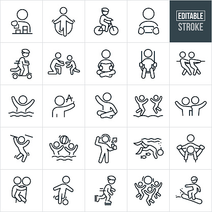 A set of children icons that include editable strokes or outlines using the EPS vector file. The icons include a child stacking blocks, child jump roping, child riding a bicycle, child watching a handheld device, child riding a scooter, child running to the arms of a parent, child reading a book, child swinging, children doing a tug-of-war, child with a hoop ring, child writing letters on board, child sitting on ground with legs crossed, children jumping and playing in bounce house, childhood friends with arms around each others shoulders, child playing on money bars, children playing with beach ball in the water, child dancing to music, child snorkeling, child getting a piggyback ride from parent, child playing soccer, child in-line skating, children playing with large ball and a child riding a snowboard.