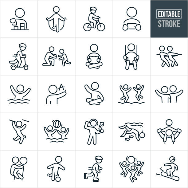 Children Thin Line Icons - Editable Stroke A set of children icons that include editable strokes or outlines using the EPS vector file. The icons include a child stacking blocks, child jump roping, child riding a bicycle, child watching a handheld device, child riding a scooter, child running to the arms of a parent, child reading a book, child swinging, children doing a tug-of-war, child with a hoop ring, child writing letters on board, child sitting on ground with legs crossed, children jumping and playing in bounce house, childhood friends with arms around each others shoulders, child playing on money bars, children playing with beach ball in the water, child dancing to music, child snorkeling, child getting a piggyback ride from parent, child playing soccer, child in-line skating, children playing with large ball and a child riding a snowboard. kid sitting cross legged stock illustrations