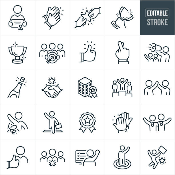 Business Awards And Recognition Thin Line Icons - Editable Stroke A set of business awards and recognition icons that include editable strokes or outlines using the EPS vector file. The icons include a business person holding and award, hands clapping in celebration, person giving an award to another person, hand holding a trophy award, trophy, business person holding a target with an arrow in the bulls-eye, thumbs up, fingers crossed, business leader shouting recognition of an employee using a bullhorn, bottle of wine being opened, business person crossing the finish line and holding briefcase, business building with award, winners podium with business person at top, business person having his hand raised in recognition for a job well done, business person with arm in air being celebrated with confetti in background, award ribbon, business person with arm raised in victory standing in the bulls-eye of a target, high five, two business people celebrating with medals around their necks, business person with a thumbs up, business person being recognized, businessman at computer with arm raised after completing important task, business person at the top of a mountain with arms in the air in celebration and a business person jumping with excitement from success award icon stock illustrations