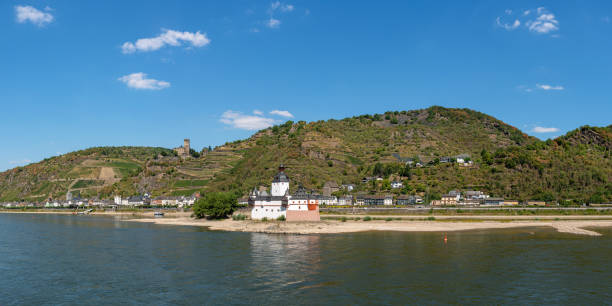 Small village on the Rhine River with vineyards on its hills above