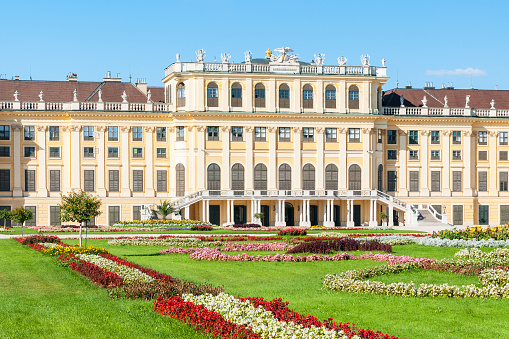 Vienna, Austria - Circa April 2019: Gloriette pavilion and Neptune fountain in Schonbrunn park