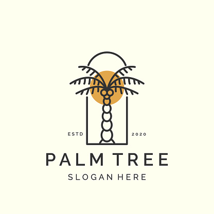 line art palm tree minimalist with emblem style logo icon template design. coconut tree, date palm, vector illustration