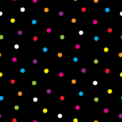 Vector illustration of multi-colored abstract ink dots in a repeating pattern against a black background.