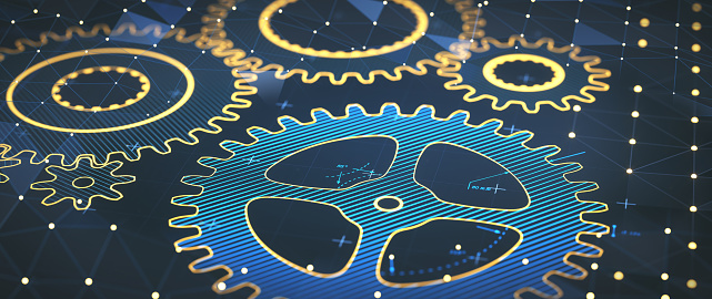 Extreme close up on an abstract engineering blueprint drawing of a blue striped gear mechanism with yellow outline.