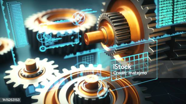 Virtual Reality Abstract Design And Development Process Of Machine Manufacturing With Several Metallic Gears And A Glowing Digital Interface Overlay Stock Photo - Download Image Now