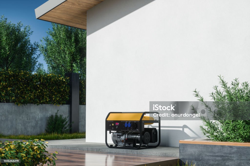 Close-up View Of Electric Generator In The Backyard Generator Stock Photo