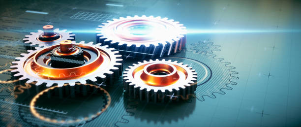 istock Abstract engineering design concept of motor gear parts on a green blueprint project surface, with a digital infographic overlay and lens flare. 1415253236
