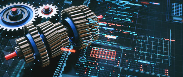Abstract gearshift engineering mechanism design, development and production concept with gear parts, computer programming language, wire mesh and a digital infographic overlay.