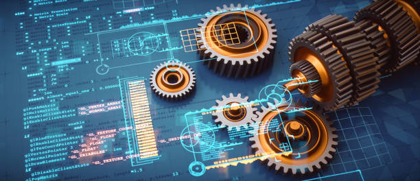 コンピュータコードの設計図、ギアパーツ、バーチャルリアリティ輝くデジタルインフォグラフィックオーバーレイを備えたギアシフトエンジニアリングメカニズム設計コンセプト。 - 仕組み ストックフォトと画像