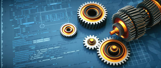 gearshift engineering mechanism design, development and production concept with a computer code blueprint and gear parts on a blue drafting surface. - drafting plan engineering planning imagens e fotografias de stock