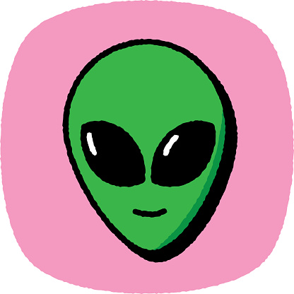 Vector illustration of a hand drawn green alien against a pink background with textured effect.