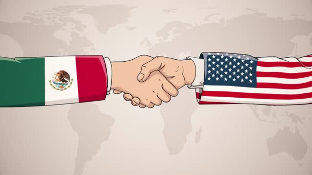 Cooperation between Mexico and USA in front of world map. The concept of America, handshake, business agreement, politics, meeting, country flags, celebrate, international friendship relations, diplomats shaking hands, businessman, peace trade policy