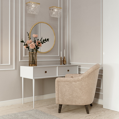 Cozy corner of the bedroom with a dressing table, roses in a vase and a round mirror. 3d rendering