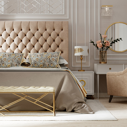 Modern bedroom interior in beige tones. Empire style. 3d rendering