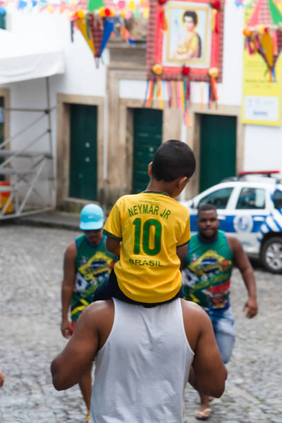 fans of brazil are seen in pelourinho before the game between brazil vs costa rica for the 2018 soccer world cup in russia. - fifa torneio imagens e fotografias de stock