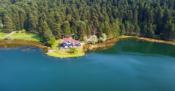 Aerial view of wooden Lake house inside forest in Bolu Golcuk National Park.Bolu Golcuk National Park Aerial Photo,Turkey