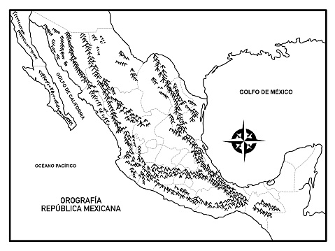 Orographic map of Mexico with political division in black and white, for school