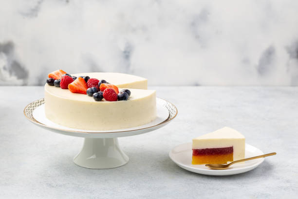 istock No Bake Berry Cheesecake Decorated with berries on cake stand. White background. 1415259563