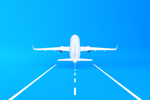 Airplane taking off the runway on a blue background with copy space. Minimal style design. Front view. 3d rendering illustration