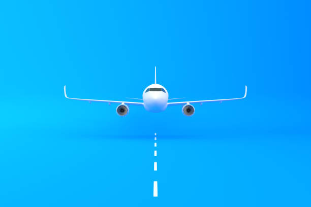 3D illustration of airplane boeing 747 stands still isolated on blue background. Ready to take-off. Front view.