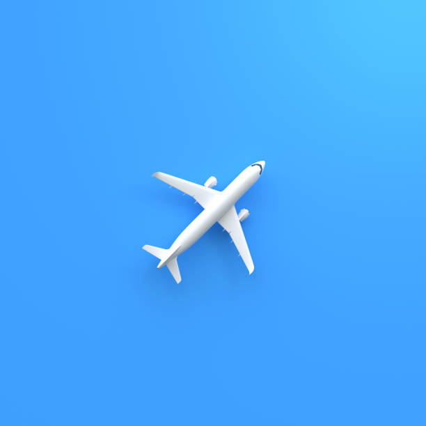 Airplane on a blue background with copy space Airplane on a blue background with copy space. Minimal style design. Top view. 3d rendering illustration plane hand tool stock pictures, royalty-free photos & images