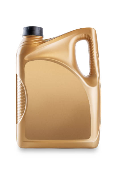 Golden engine oil canister mock up without label - plastic bottle container for car motor lubricant or fuel isolated on white background..
