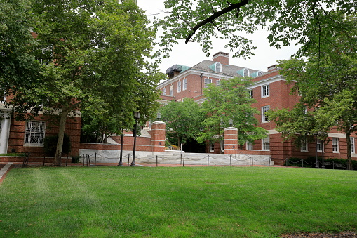 Baltimore City, Maryland - Jul 17, 2022: The quiet campus of.Johns Hopkins University during summer break.