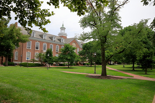 Baltimore City, Maryland - Jul 17, 2022: The quiet campus of.Johns Hopkins University during summer break.