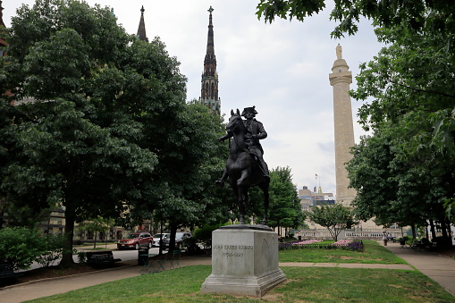 Baltimore City, Maryland - Jul 17, 2022: The Marquis de Lafayette Statue in Baltimore downtown.