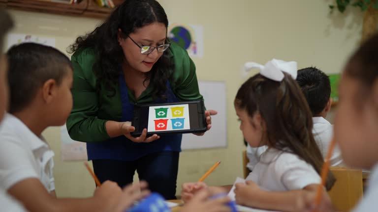 Teacher talking to students about recycling in the classroom at school